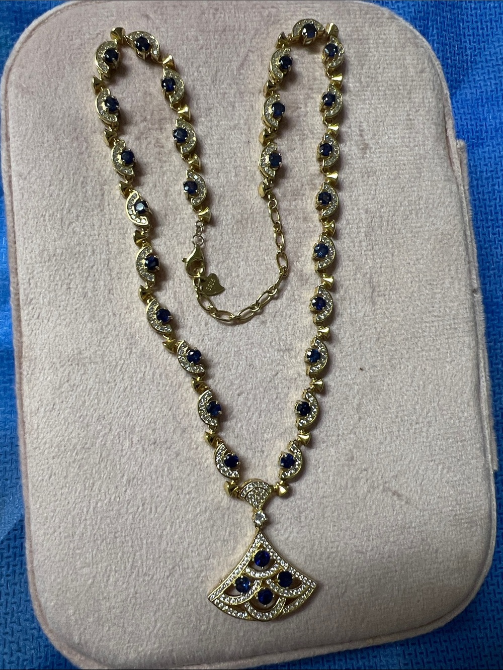 Gold-Tone s925  Necklace with Blue Sapphire natural luxury style 23”long